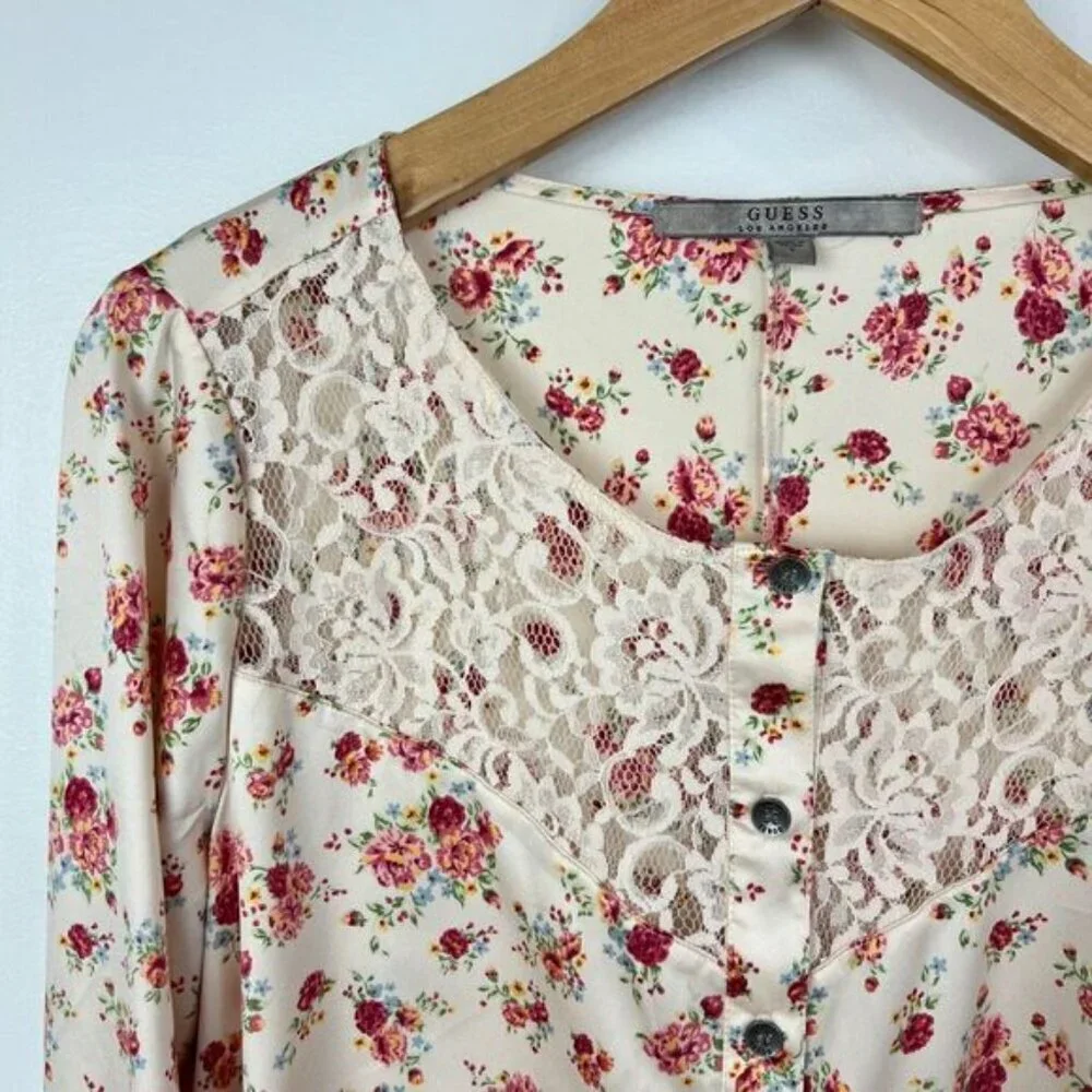Guess Women's Small White Pink Floral Lace Detail Button Down Shirt Top Romantic - Picture 5 of 12